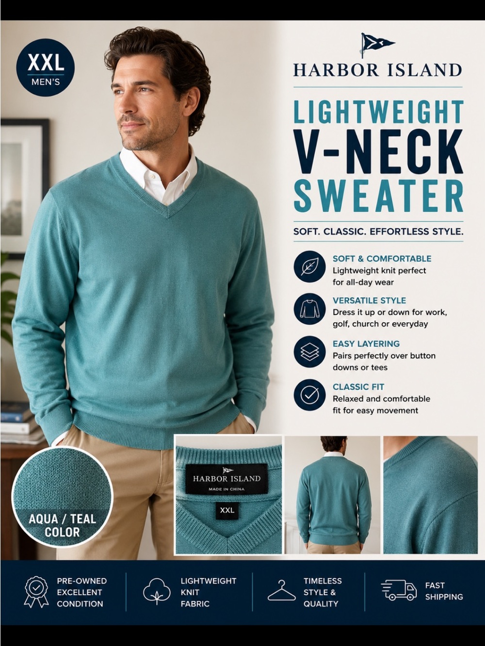 Harbor Island Men’s V-Neck Sweater XXL Aqua/Teal